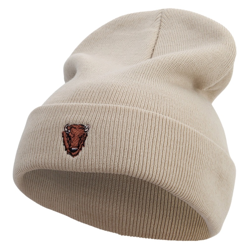 Angry Bison Head Embroidered 12 Inch Long Knitted Beanie Birch One Size