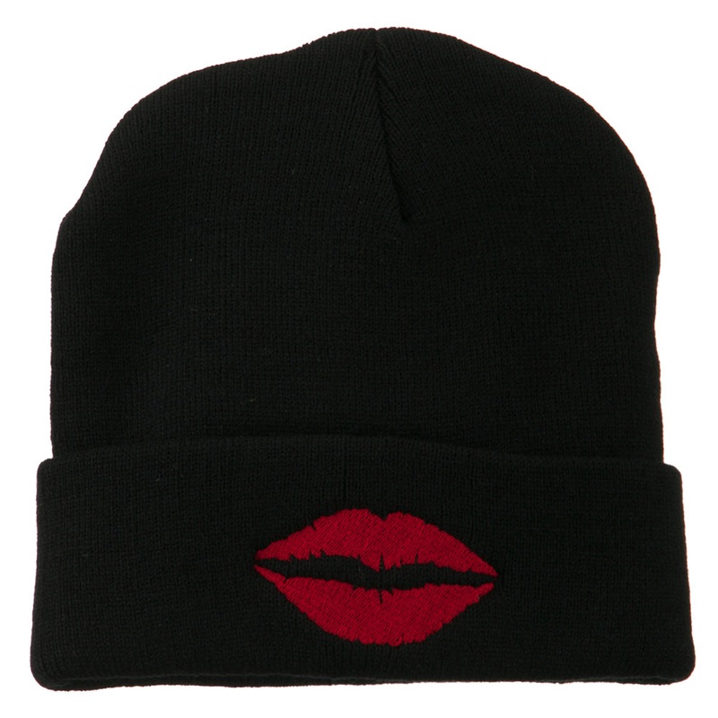 Lip Kiss Embroidered Cuff Long Beanie Black One Size