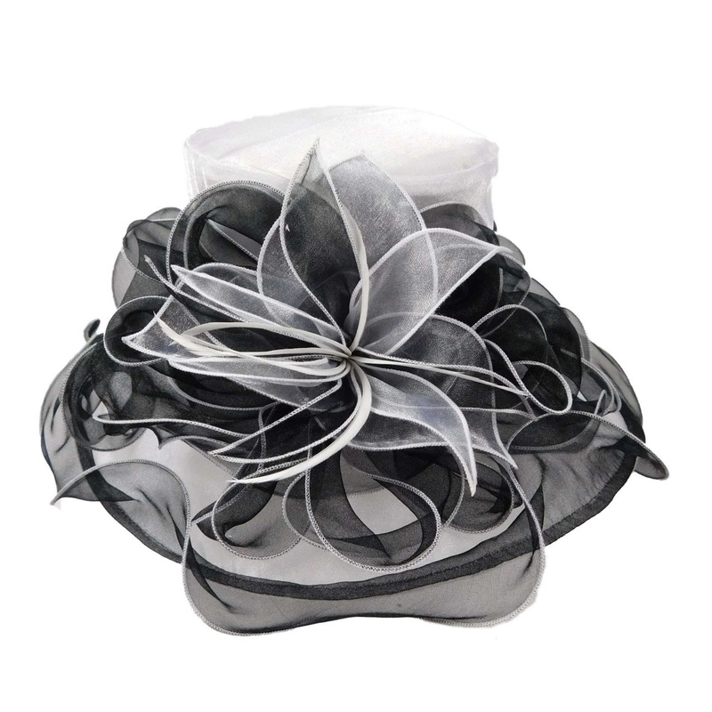White and Black Organza Hat with Two Tone Floral Accent White and Black