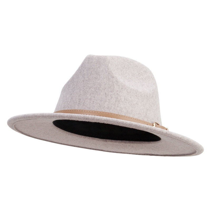 Women’s Leather Belt and Buckle Fedora Hat Beige Mix One Size