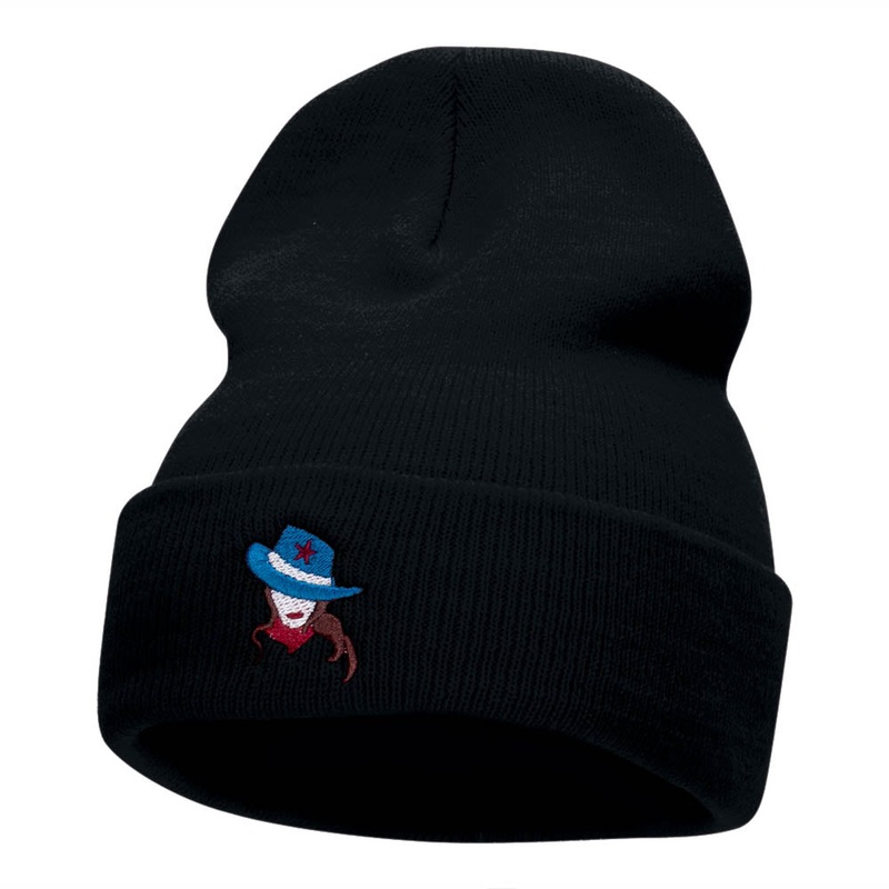 American Cowgirl Head Embroidered Long Knitted Beanie Navy One Size
