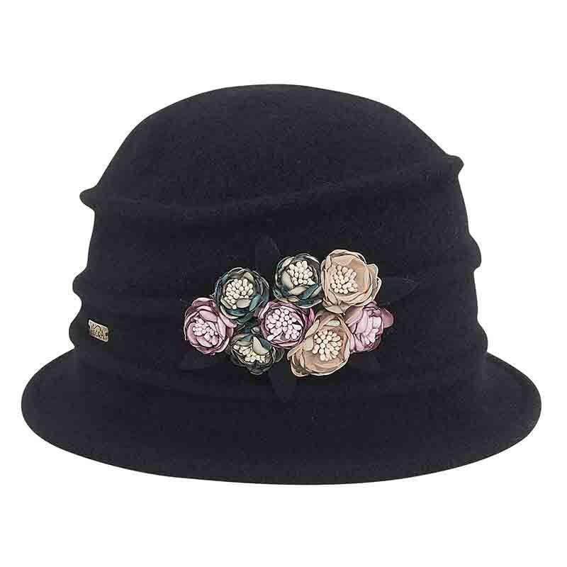 Boiled Wool Beanie Cap with Satin Rosette by Adora Black