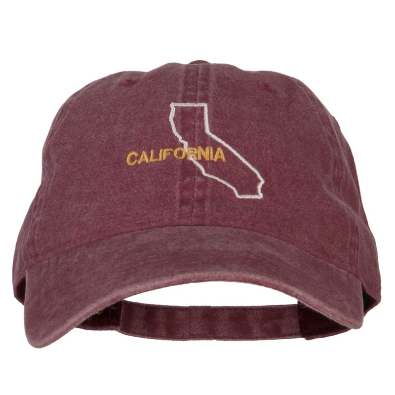 California with Map Outline Embroidered Washed Cotton Twill Cap Maroon One Size