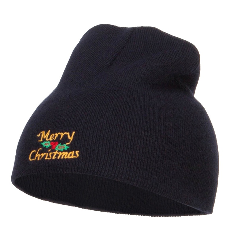Merry Christmas Mistletoe Embroidered Short Beanie Navy One Size