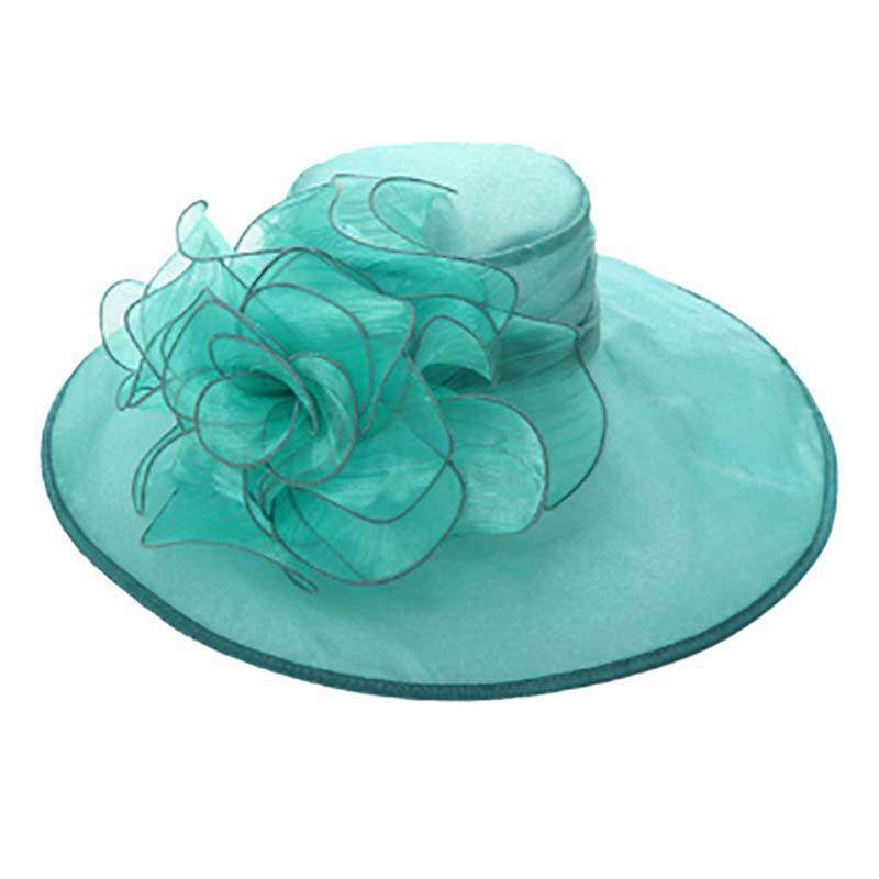Organza Hat with Large Rose Accent Turquoise