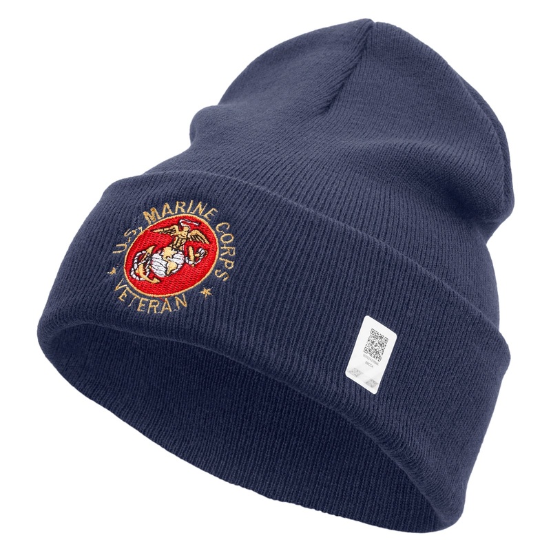 US Marines Corps Veteran Emblem Logo Embroidered 12 Inch Solid Knit Cuff Long Beanie Made in USA Navy One Size