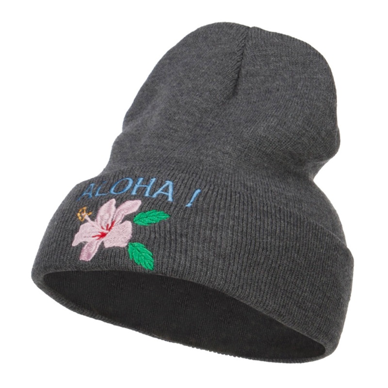 Aloha Hawaii Embroidered Long Beanie Dk Grey One Size