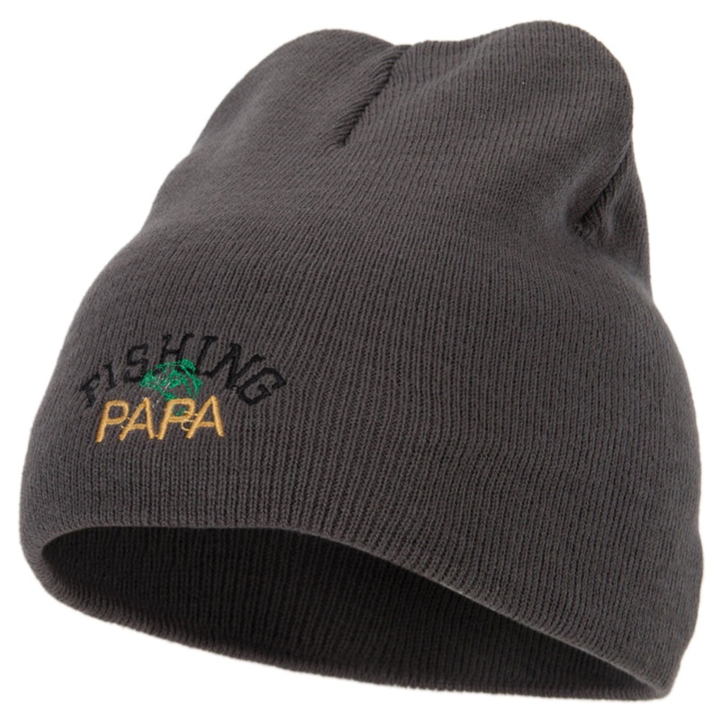 Fishing Papa Design Embroidered 8 Inch Knitted Short Beanie Dk Grey One Size