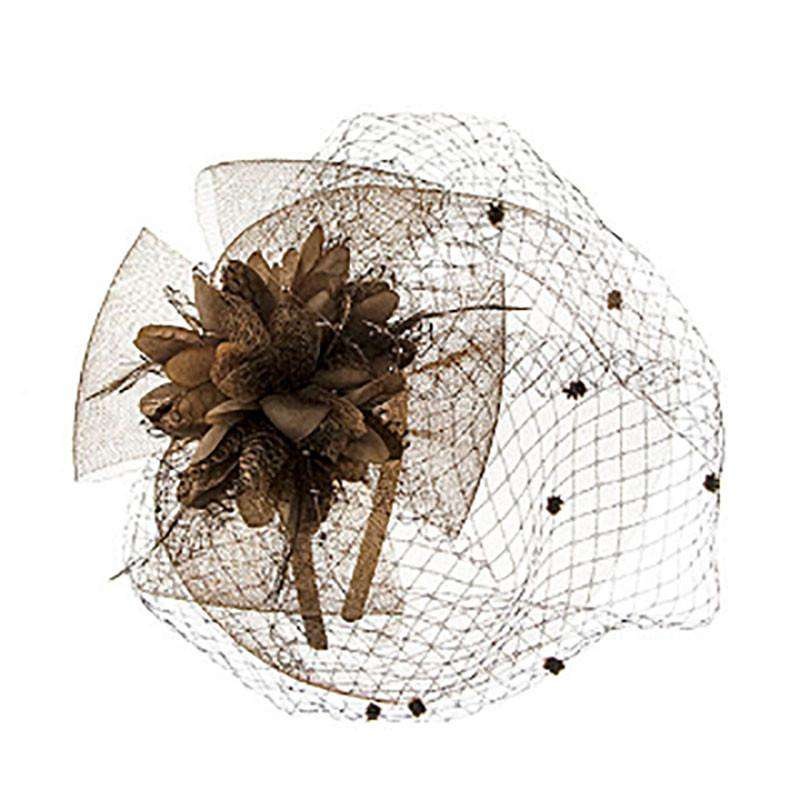 Lace Flower Fascinator with Veil Brown
