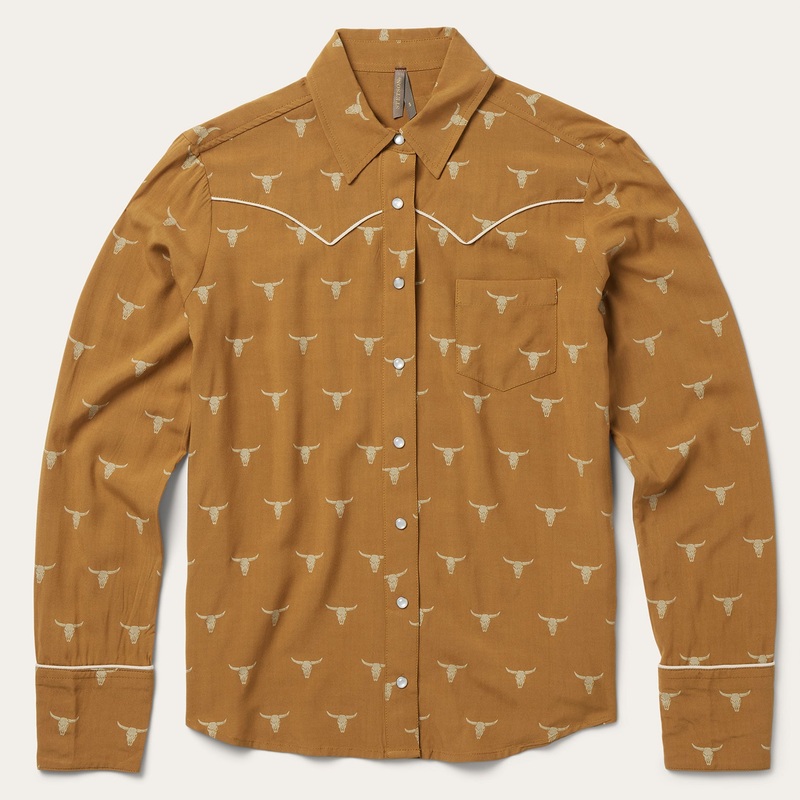 Mojave Longhorn Print Snap Western Shirt Brown XS