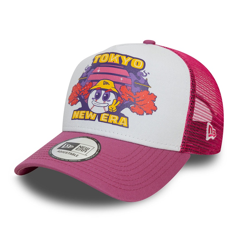 New Era Tokyo A-Frame Trucker Cap – Graphic Print – White-Pink Adjustable