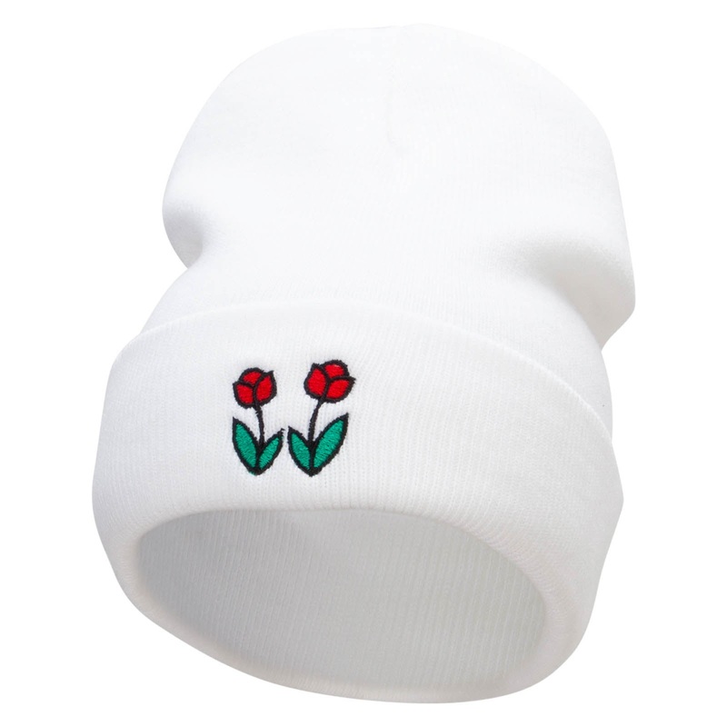 Two Red Rose Embroidered 12 Inch Long Knitted Beanie White One Size