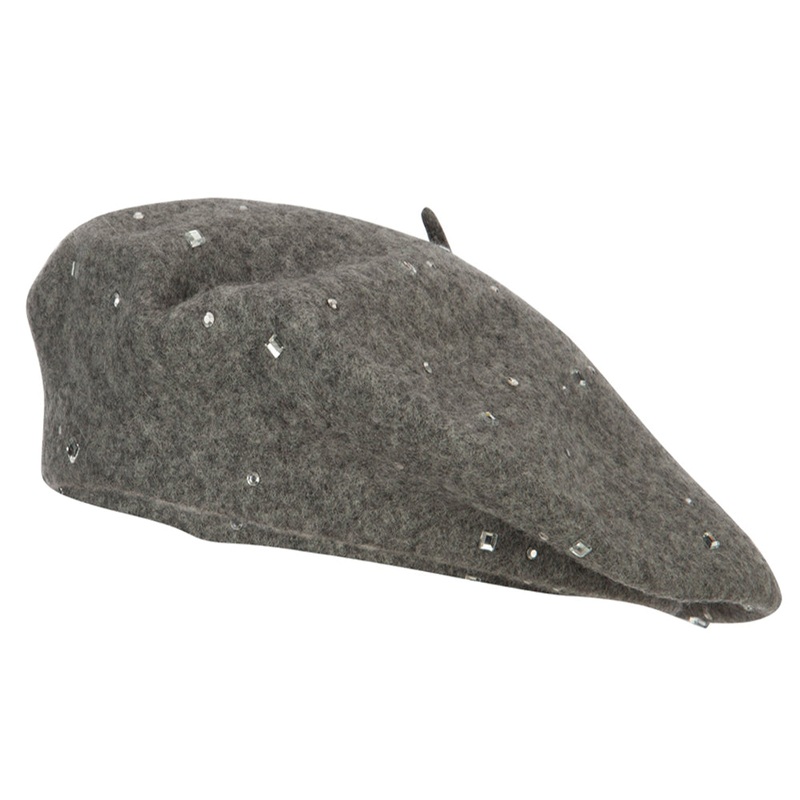 Wool Blend French Beret with Crystal Stonest Grey One Size