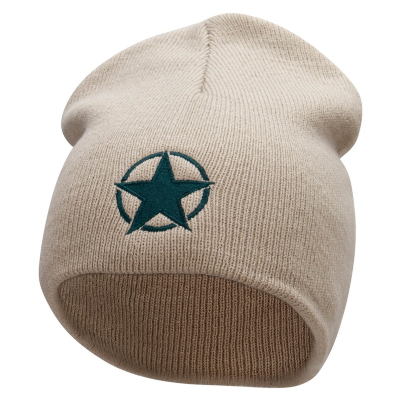 Army Star Badge Embroidered 8 Inch Short Beanie Made in USA Stone One Size