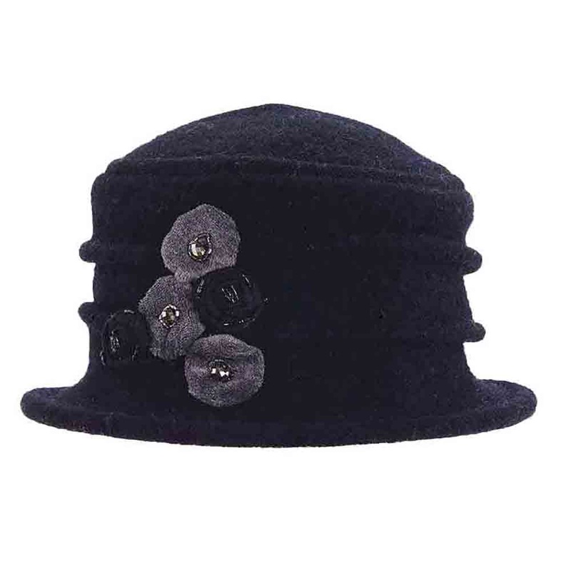 Boiled Wool Beanie Pleated with Rosette – Scala Hats Black