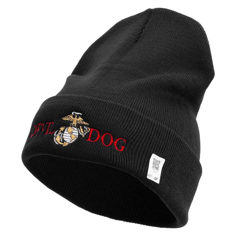 Devil Dog Logo Embroidered 12 Inch Solid Knit Cuff Long Beanie Made in USA Black One Size