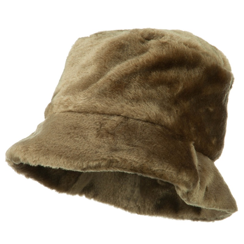 Faux Fur Large Brim Bucket Hat Brown One Size