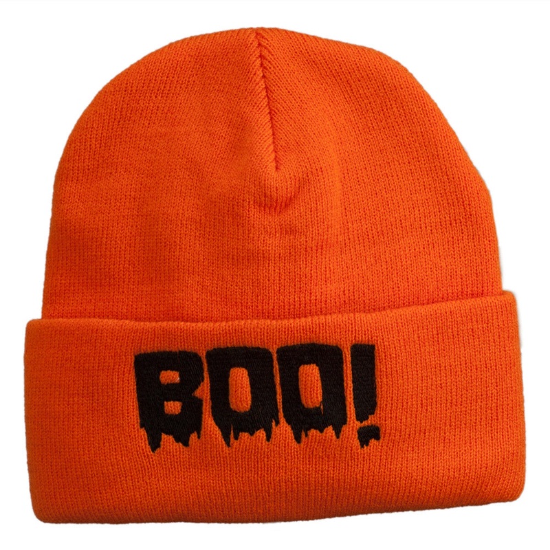 Halloween Boo Sign Embroidered Cuff Beanie Orange One Size