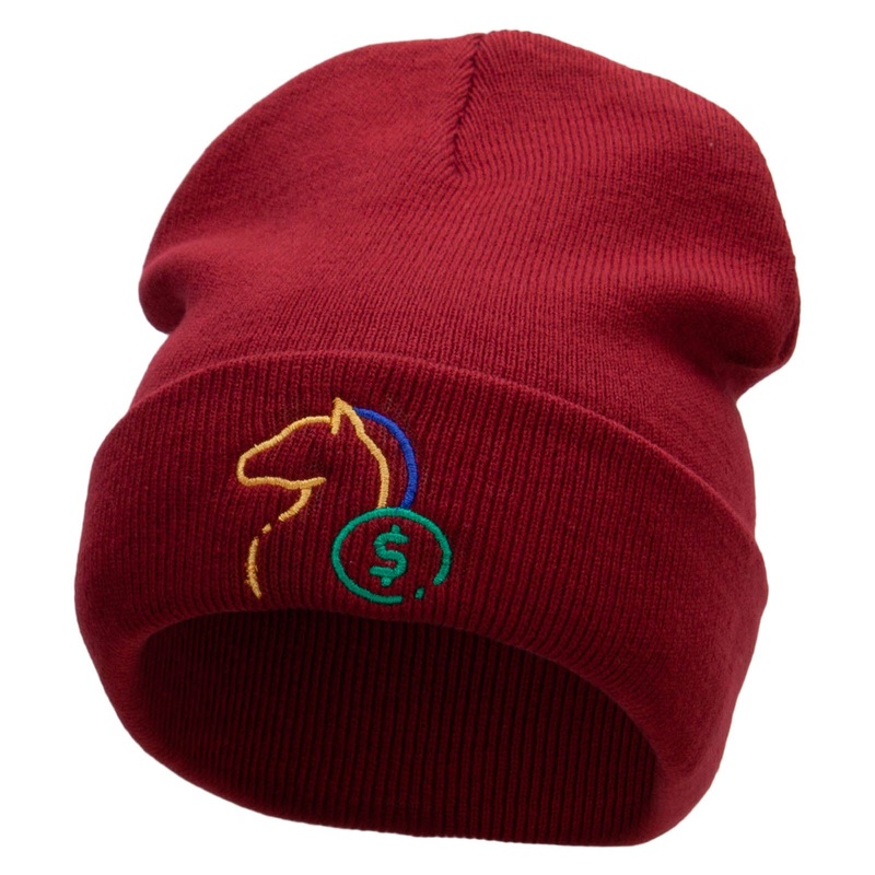 Horse Betting Embroidered 12 Inch Long Knitted Beanie Maroon One Size