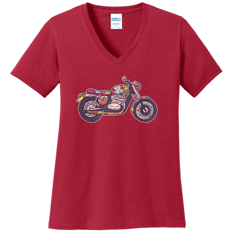 Peace And Love Bike Graphic Design Ladies V-Neck Red XS