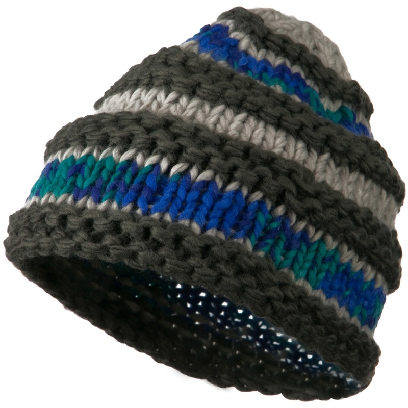 Unisex Acrylic Thick Striped Beanie Grey One Size