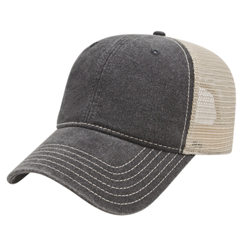 Cap America i3027 – Washed Pigment Dyed Trucker Mesh Cap – Blank Black/Stone