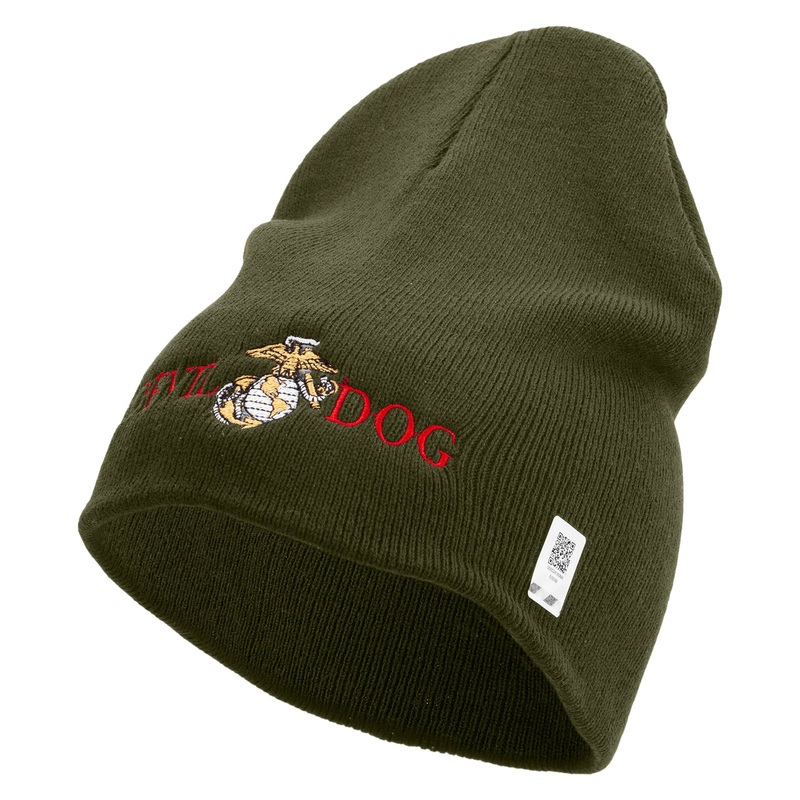 Devil Dog Symbol Embroidered 8 Inch Solid Knit Short Beanie Made in USA Olive One Size