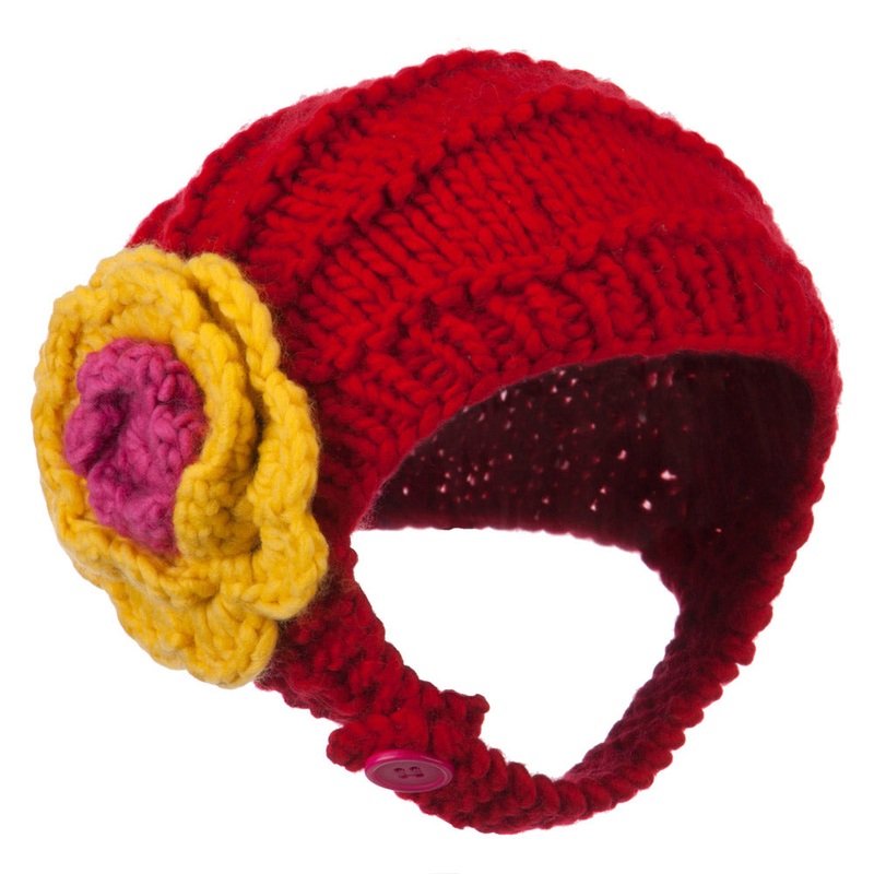 Girl’s Flower Detail Chin Ski Beanie Red One Size