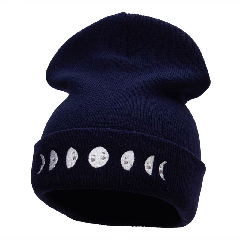 Moon Phases Embroidered Long Beanie Made in USA Navy One Size