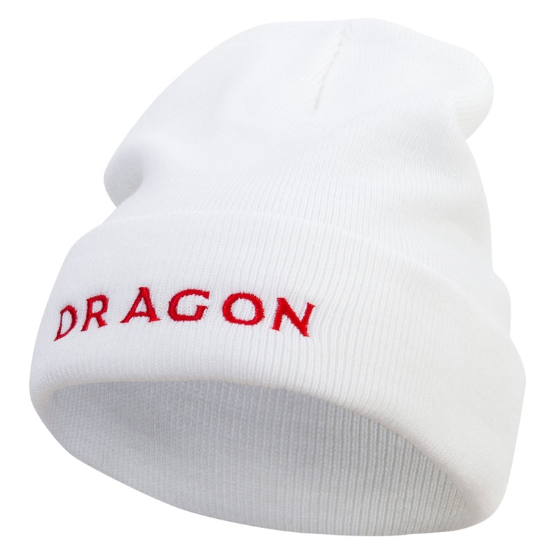 Red Dragon Embroidered 12 Inch Long Knitted Beanie White One Size