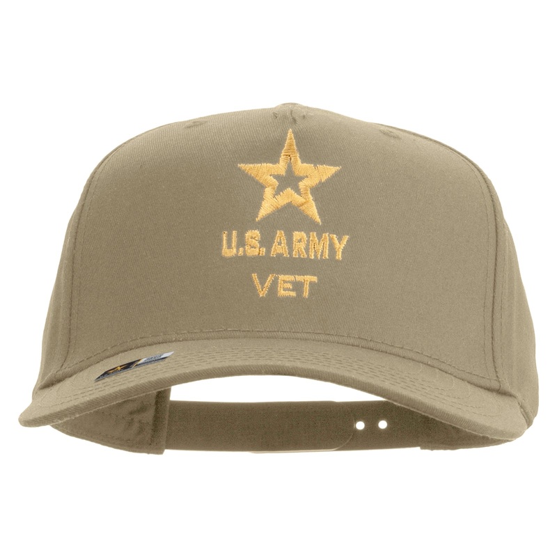 Star US Army Veteran Military Embroidered Solid Cotton Twill 5 Panel Prostyle Snap Cap Khaki One Size