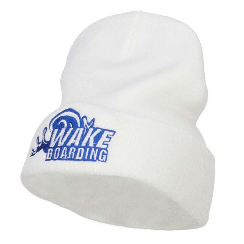 Wake Boarding Embroidered Long Beanie White One Size