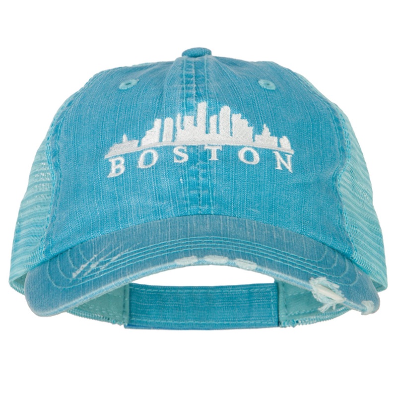 Boston Skyline Embroidered Low Profile Cotton Mesh Cap Aqua One Size