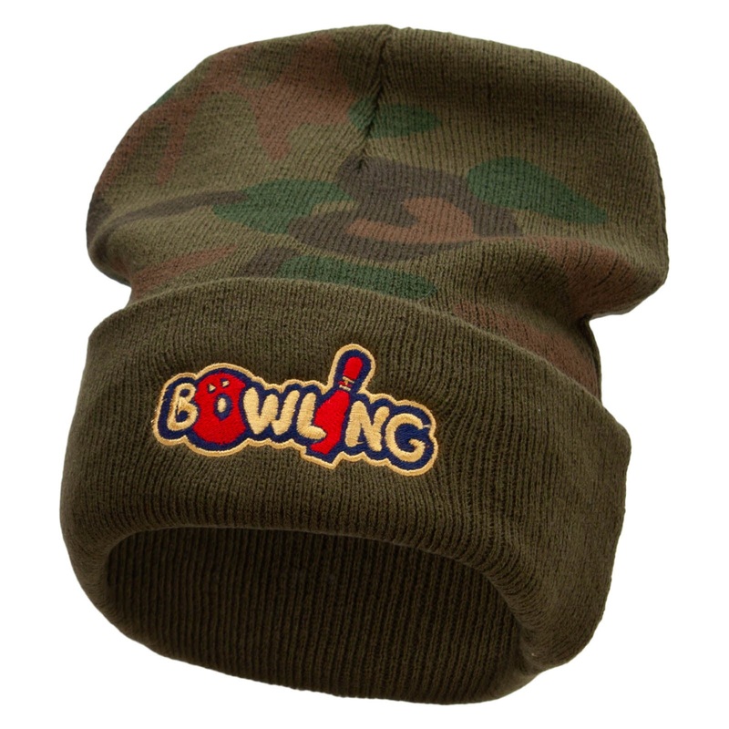 Bowling Letters Embroidered Camo Knit Long Beanie with Cuff Green One Size