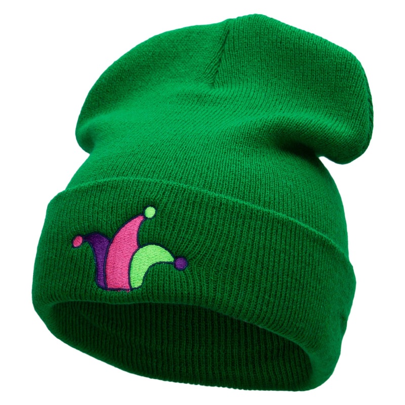 Joker Hat Embroidered 12 Inch Solid Long Beanie Made in USA Kelly Green One Size
