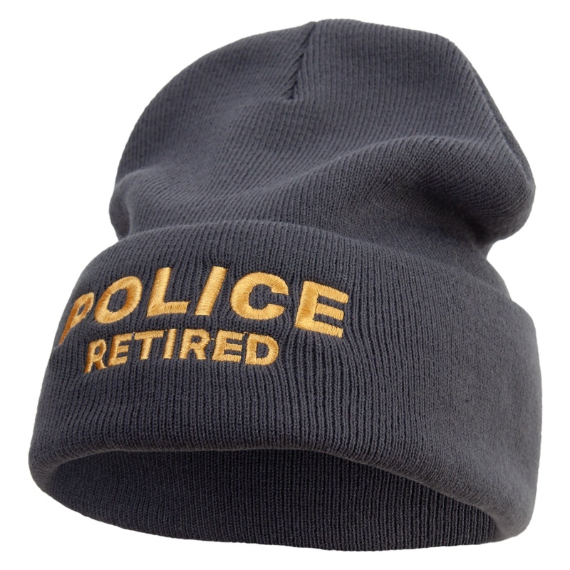 Made in USA Police Retired Logo 12 Inch Solid Knit Cuff Long Beanie Graphite One Size