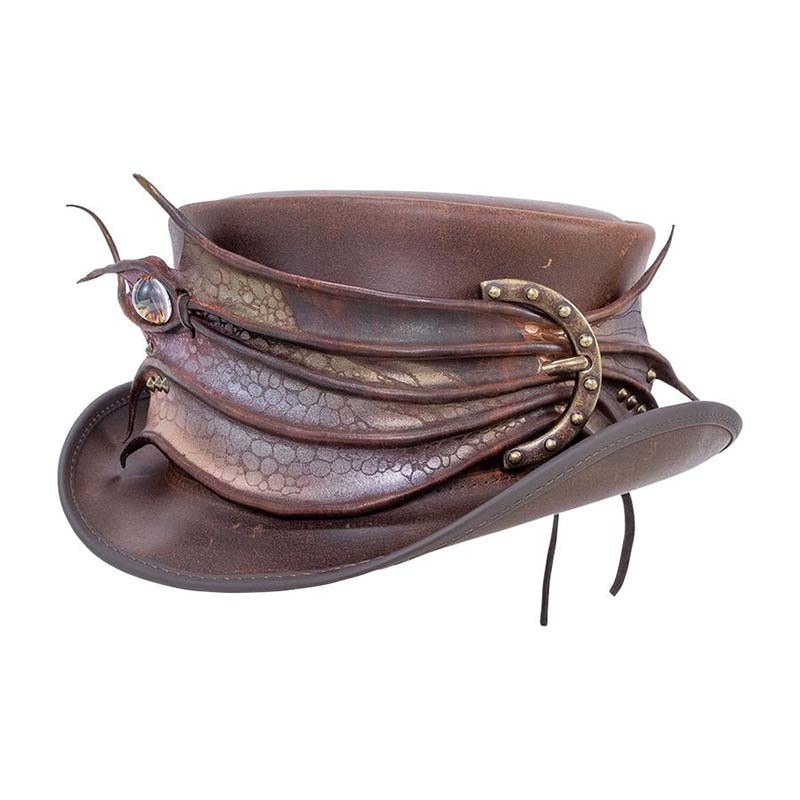 Marlow Leather Steampunk Top Hat with Dragonfly Malfoy Band Brown Small