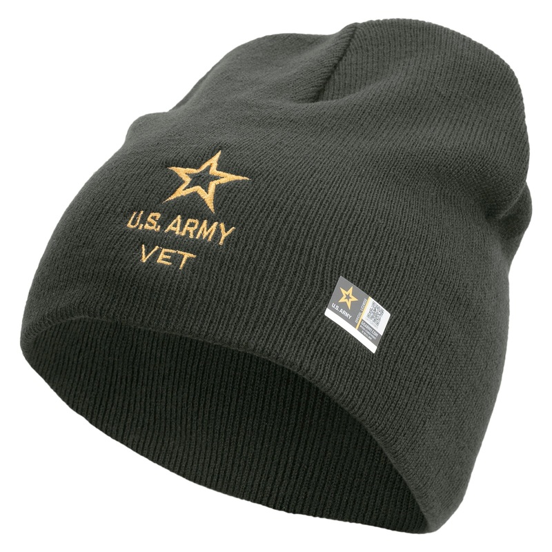Star US Army Veteran Military Embroidered 8 Inch Knitted Short Beanie DK Grey One Size