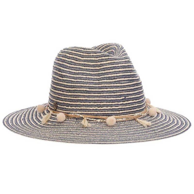 Striped Panama Hat with Beads and Tassel Band – Tommy Bahama Navy Medium (57 cm)