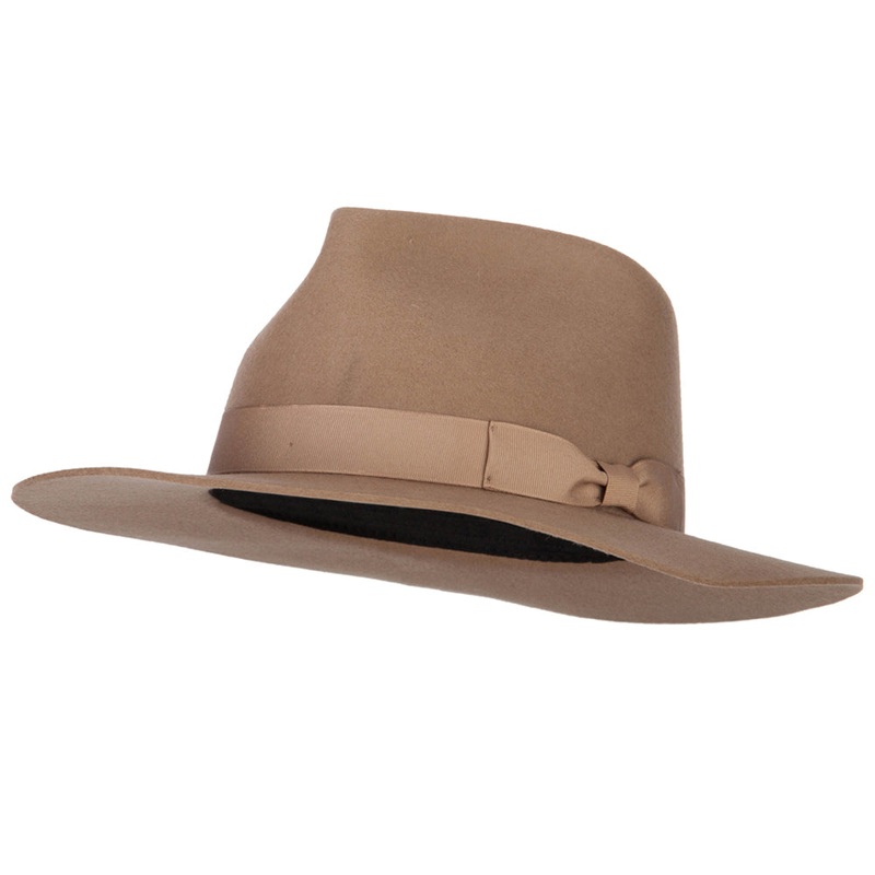 Women’s Bow Ribbon Band Pinched Crown Stiff Brim Wool Fedora Hat Mocha One Size