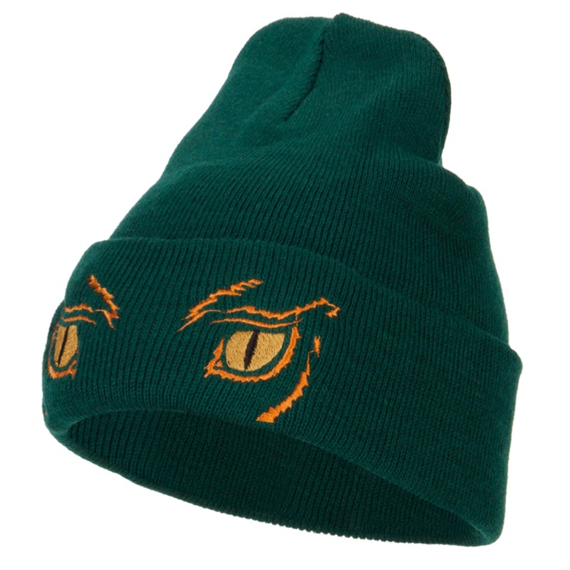 Big Yellow Eyes Embroidered Long Beanie Dk Green One Size