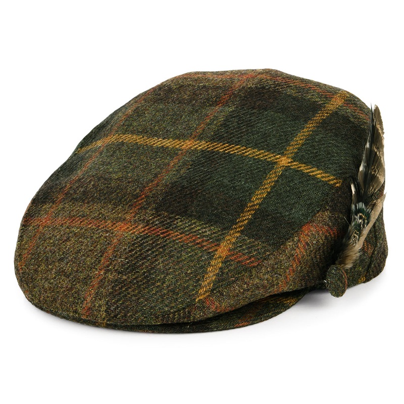 Failsworth Hats British Wool Tartan Feather Flat Cap – Green-Brown-Mustard Small/Medium