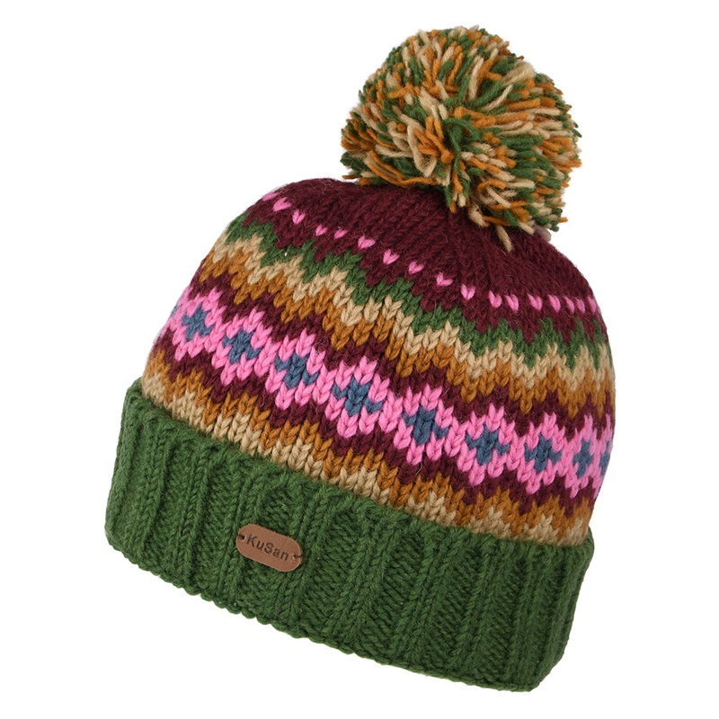 Kusan Turn Up Bobble Hat – Green-Purple-Mustard 1-Size