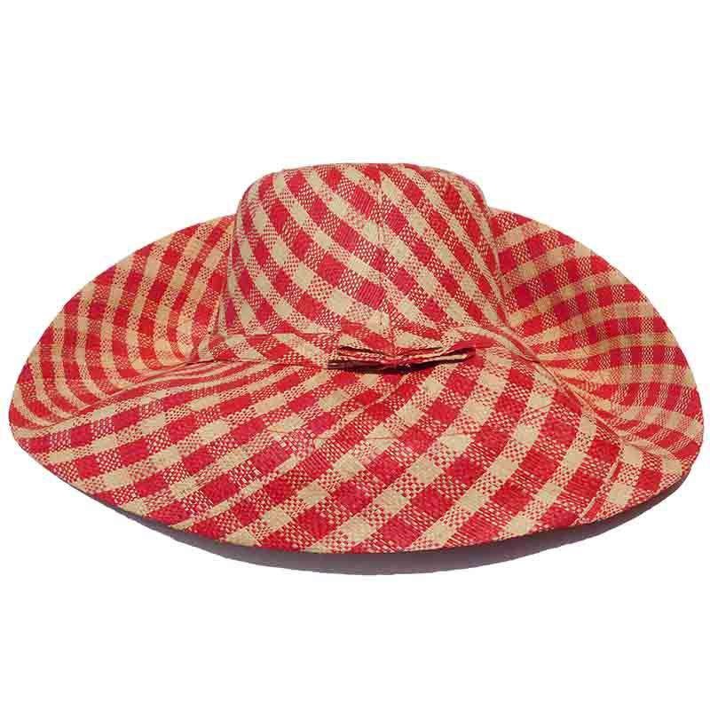 Madagascar Raffia Large Brim Gingham Beach Hat Red and Tan