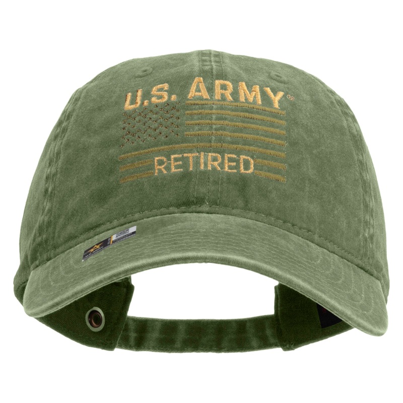 U.S. Army Retired Flag Embroidered Washed Solid Pigment Dyed Cotton Twill Brass Buckle Cap Olive One Size