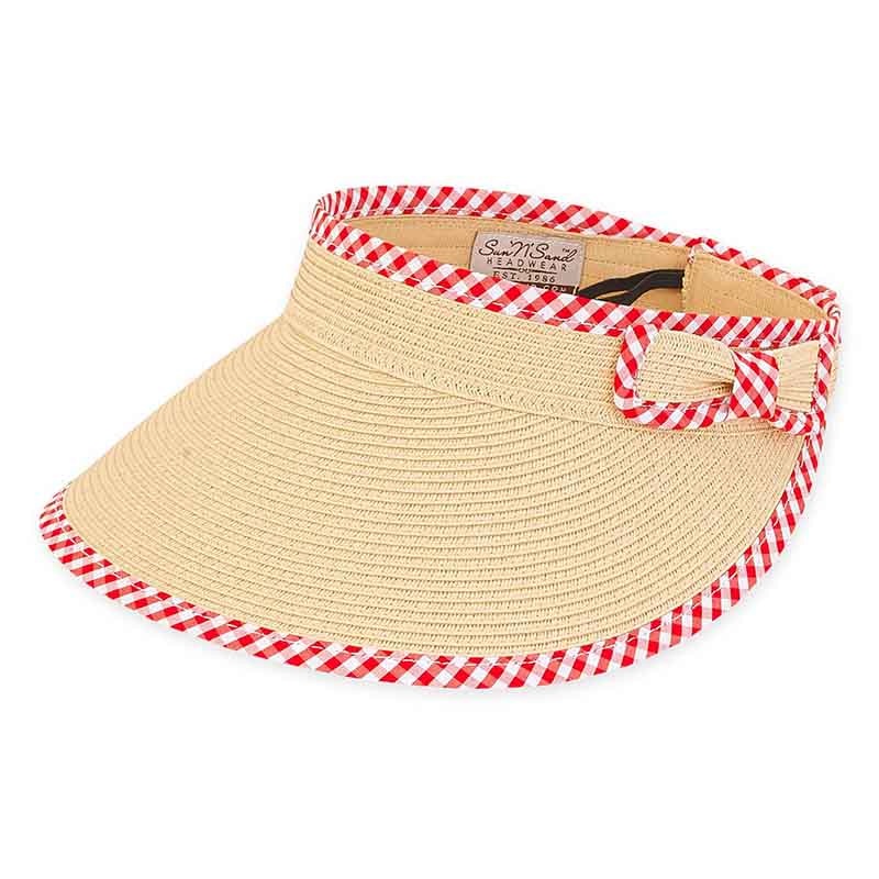 Gingham Trimmed Wide Brim Roll Up Sun Visor – Sun ‘N’ Sand Hats Natural / Red