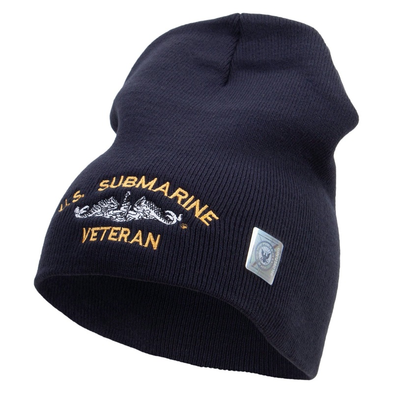 Made in USA US Submarine Veteran Symbol Embroidered 8 Inch Solid Knit Short Beanie Navy One Size