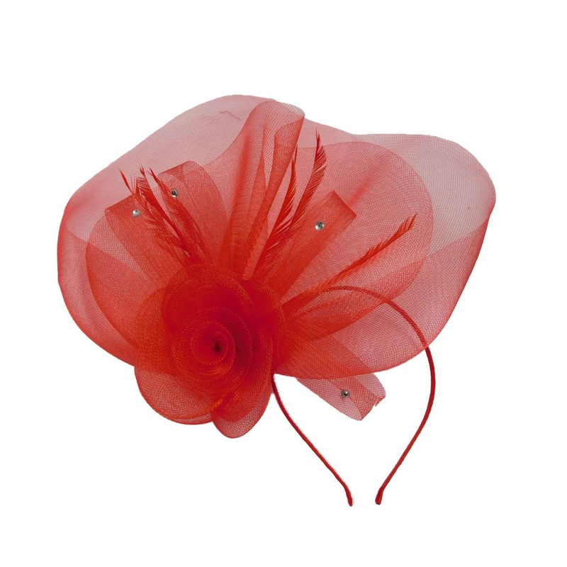 Mesh Flower and Feather Fascinator Red