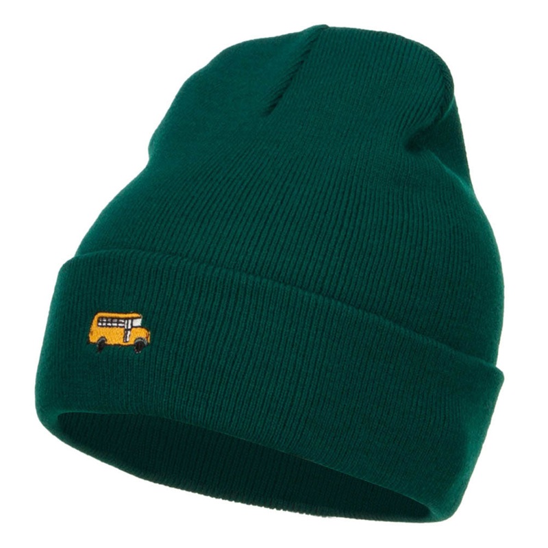 Mini Bus Embroidered Long Beanie Dk Green One Size