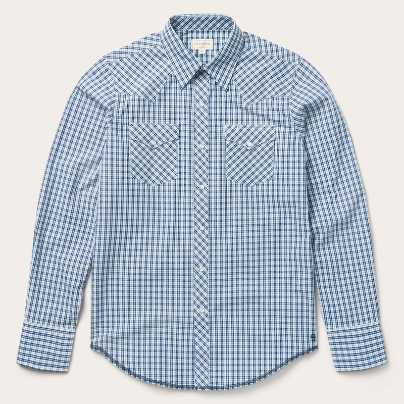 Modern Snap Front Shirt in Mini Check Blue S